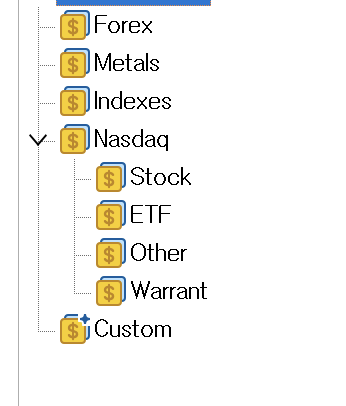 MT5 통화 창에 Forex Metals Indexes Nasdaq Custom 폴더가 나열된 화면