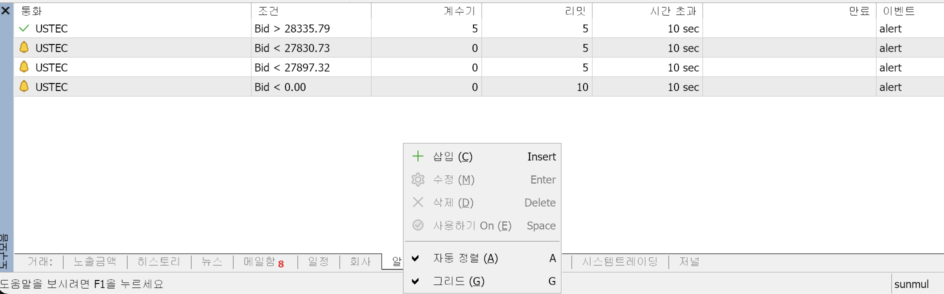 「알람」 탭 우클릭 메뉴. +삽입 (C) Insert만 진하게 살아 있고 수정 (M) Enter·삭제 (D) Delete·사용하기 On (E) Space는 회색이며 아래에 자동 정렬 (A)·그리드 (G)가 있다. 위쪽 목록에는 USTEC 알람 네 줄의 조건이 Bid > 28335.79, Bid < 27830.73처럼 영어로 적혀 있다