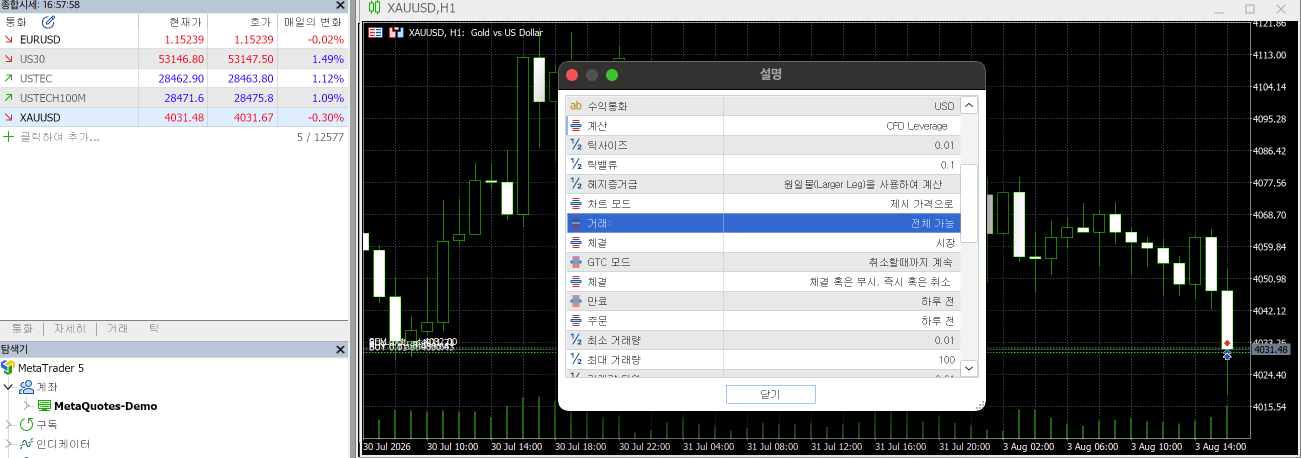 MT5 통화 창 설명 탭을 XAUUSD와 USTEC로 나란히 열어 항목 개수가 다른 것을 비교한 화면