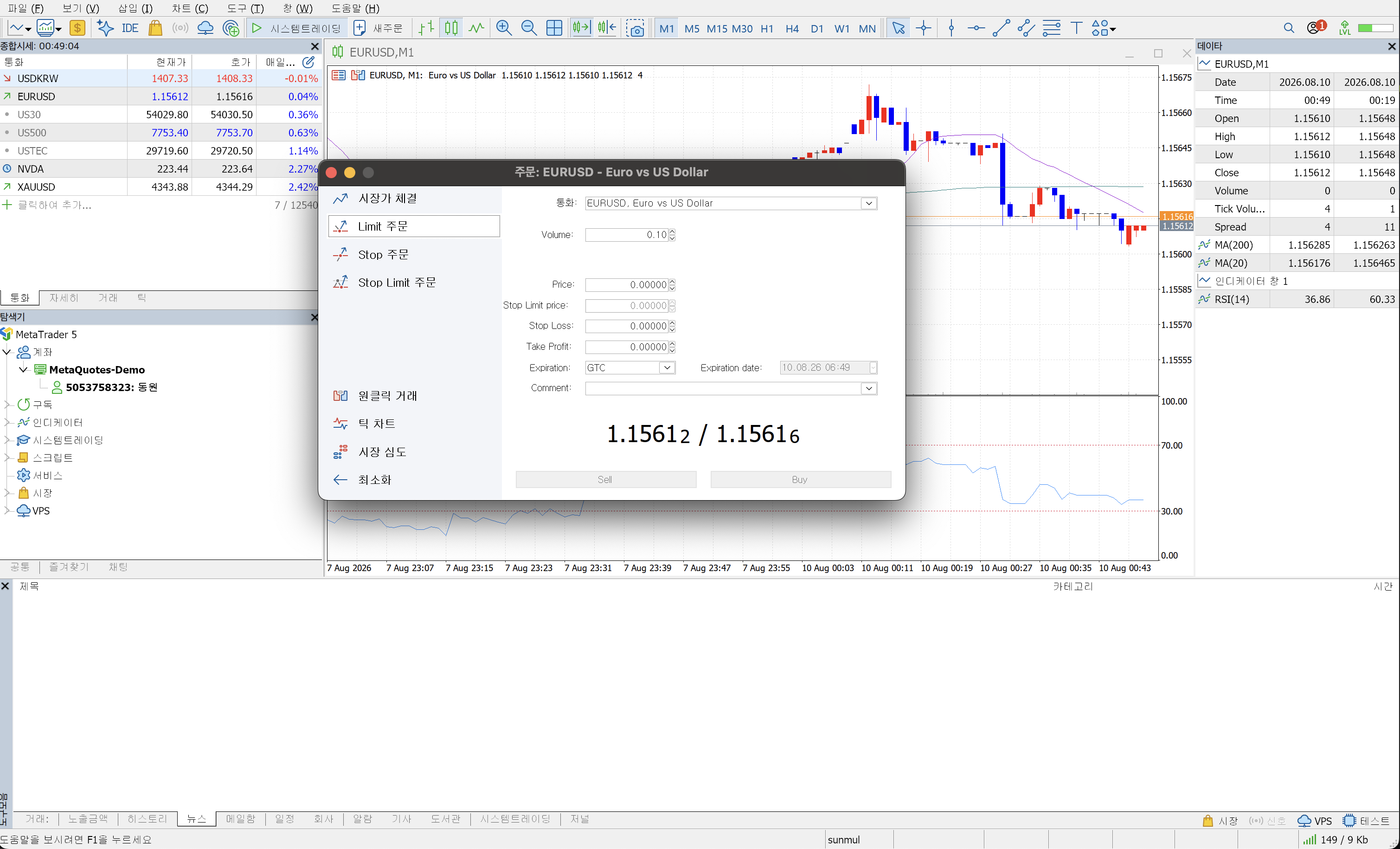 MT5 주문 창에서 Limit 주문을 고르자 Price와 Stop Limit price, Expiration, Expiration date 칸이 나타난 화면