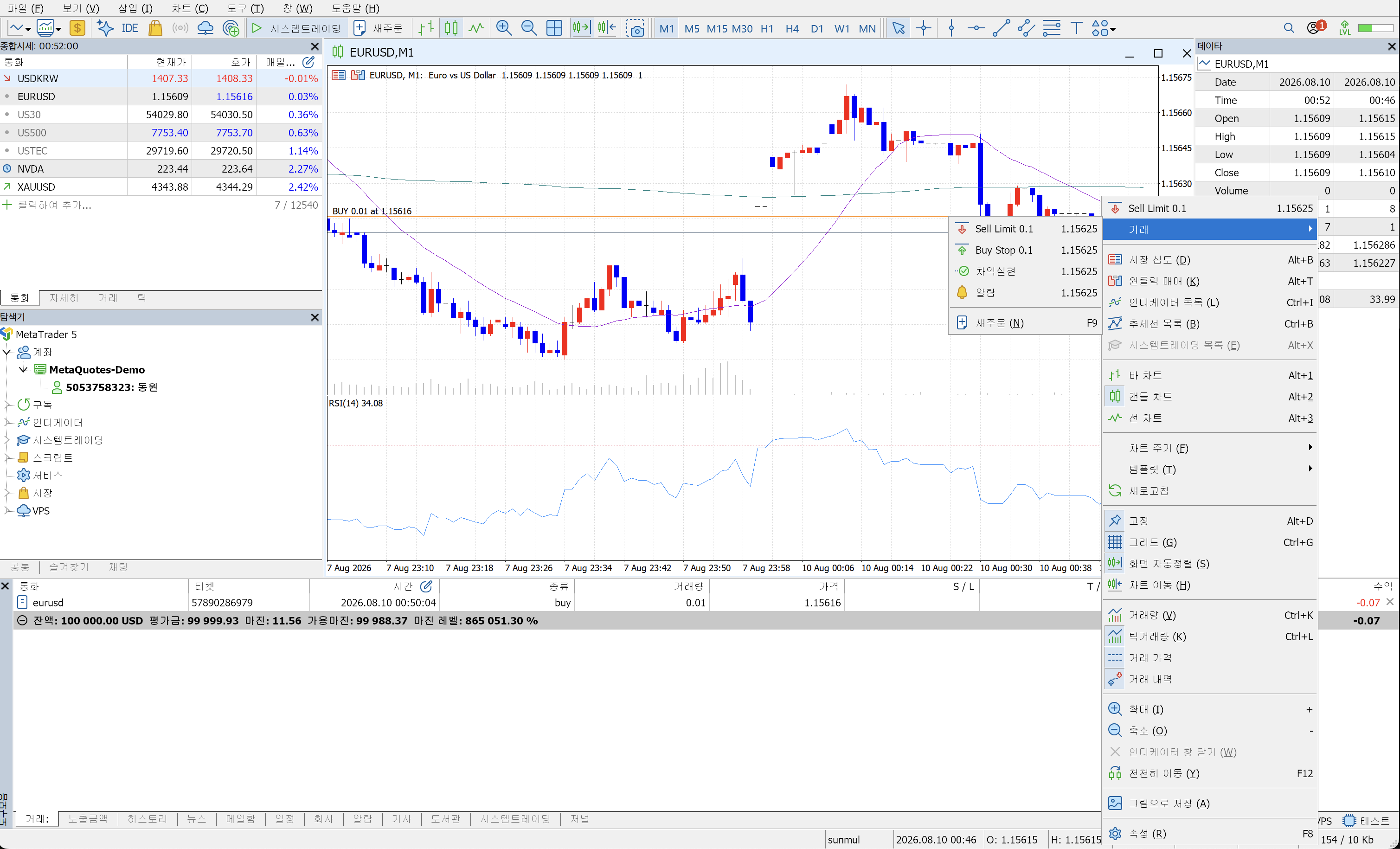 MT5 차트 우클릭 메뉴에서 거래 항목을 펼치자 Sell Limit·Buy Stop·차익실현·알람·새주문 항목이 보이는 화면