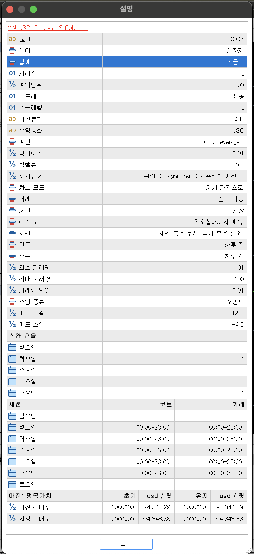 MT5 종목 설명 탭에 주문·GTC 모드·만료 항목이 나란히 있는 화면